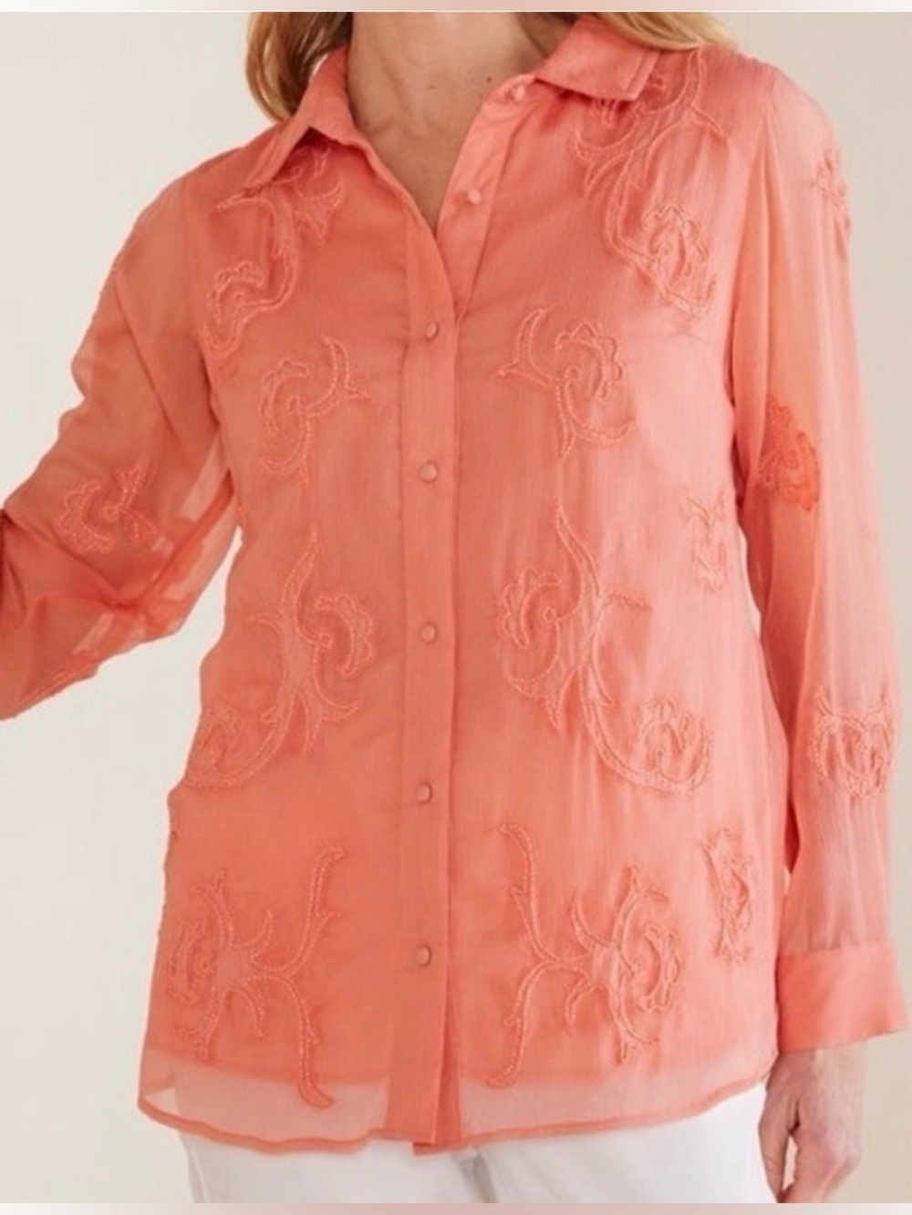 Soft Surroundings‎ Savannah Embellished Tunic Button Down Coral Women's M